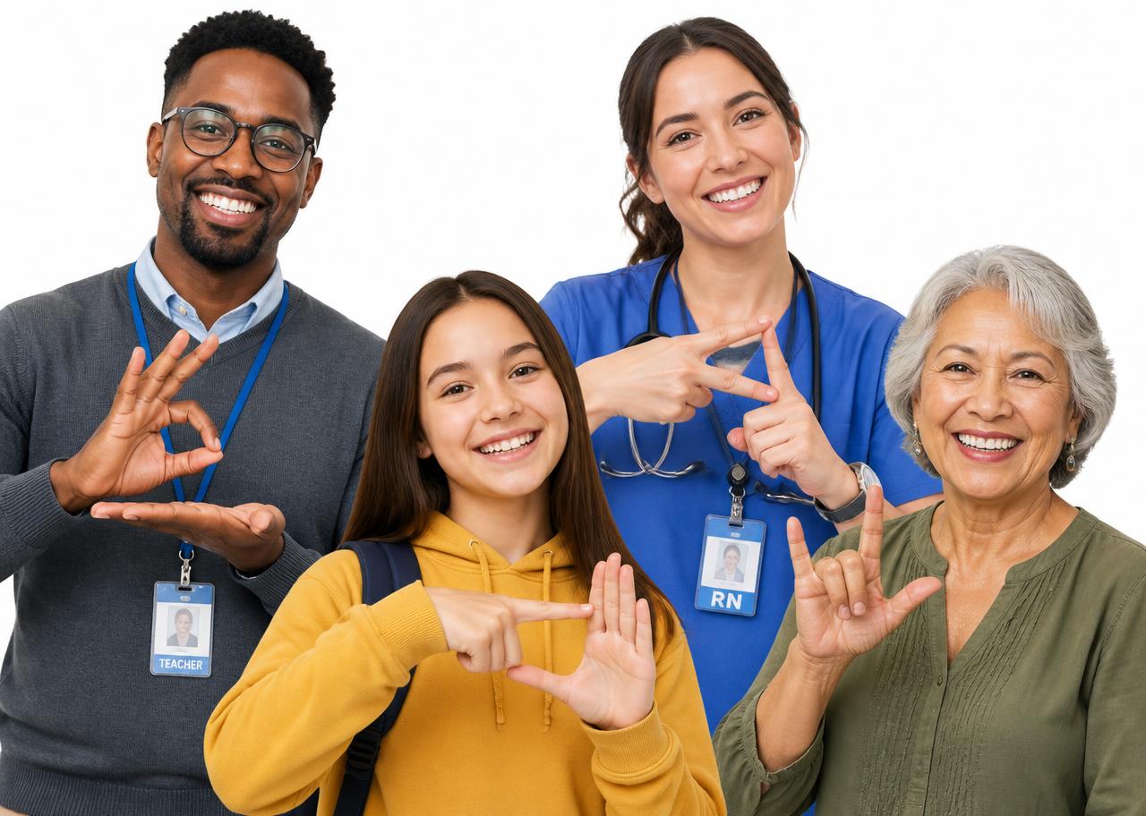 Pessoas de diferentes idades e profissões fazendo sinais em Libras